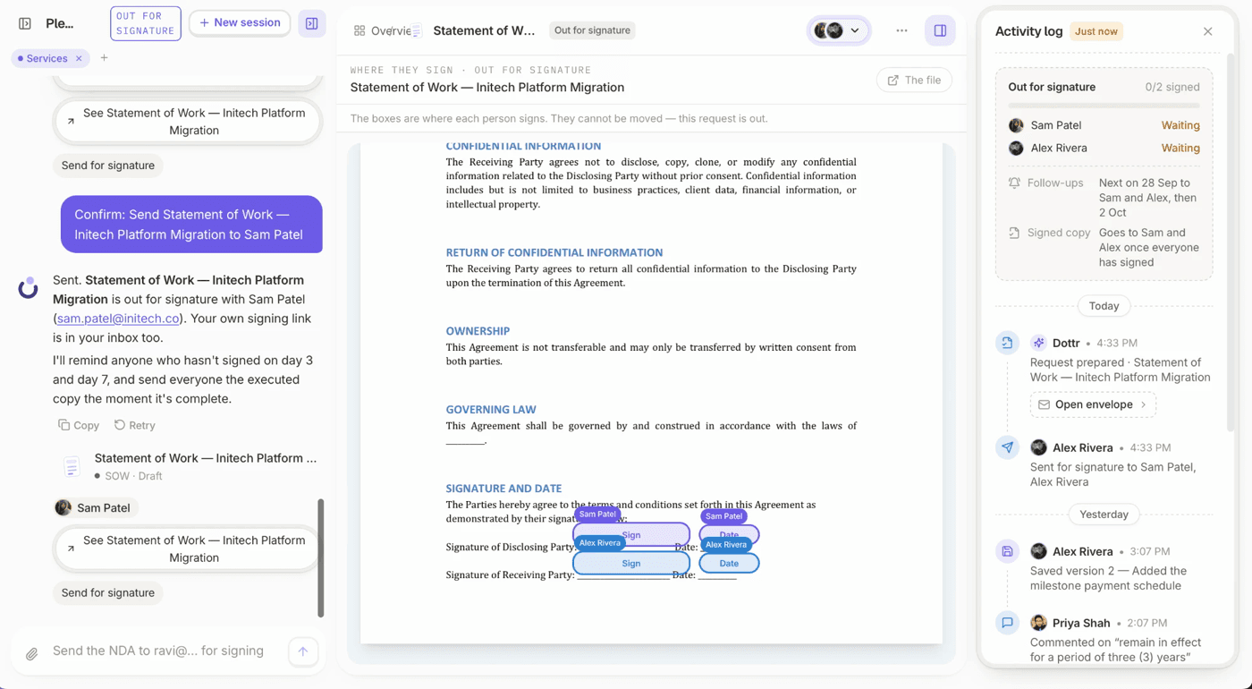 A statement of work out for signature in Dottr, with both signers still to sign and the follow-up dates set
