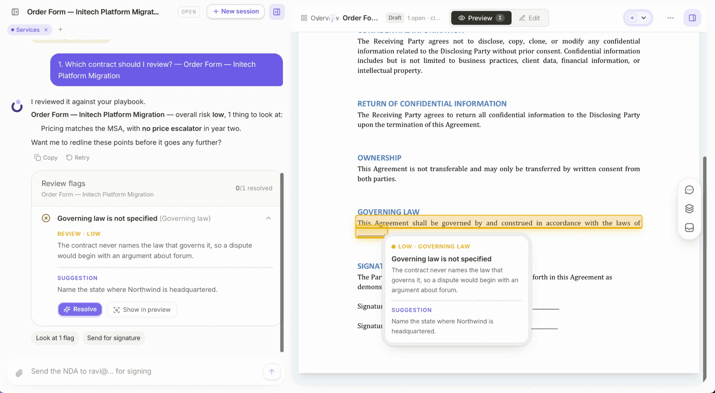 Dottr's review flags on an order form, with the governing law clause it flagged and what the gap means