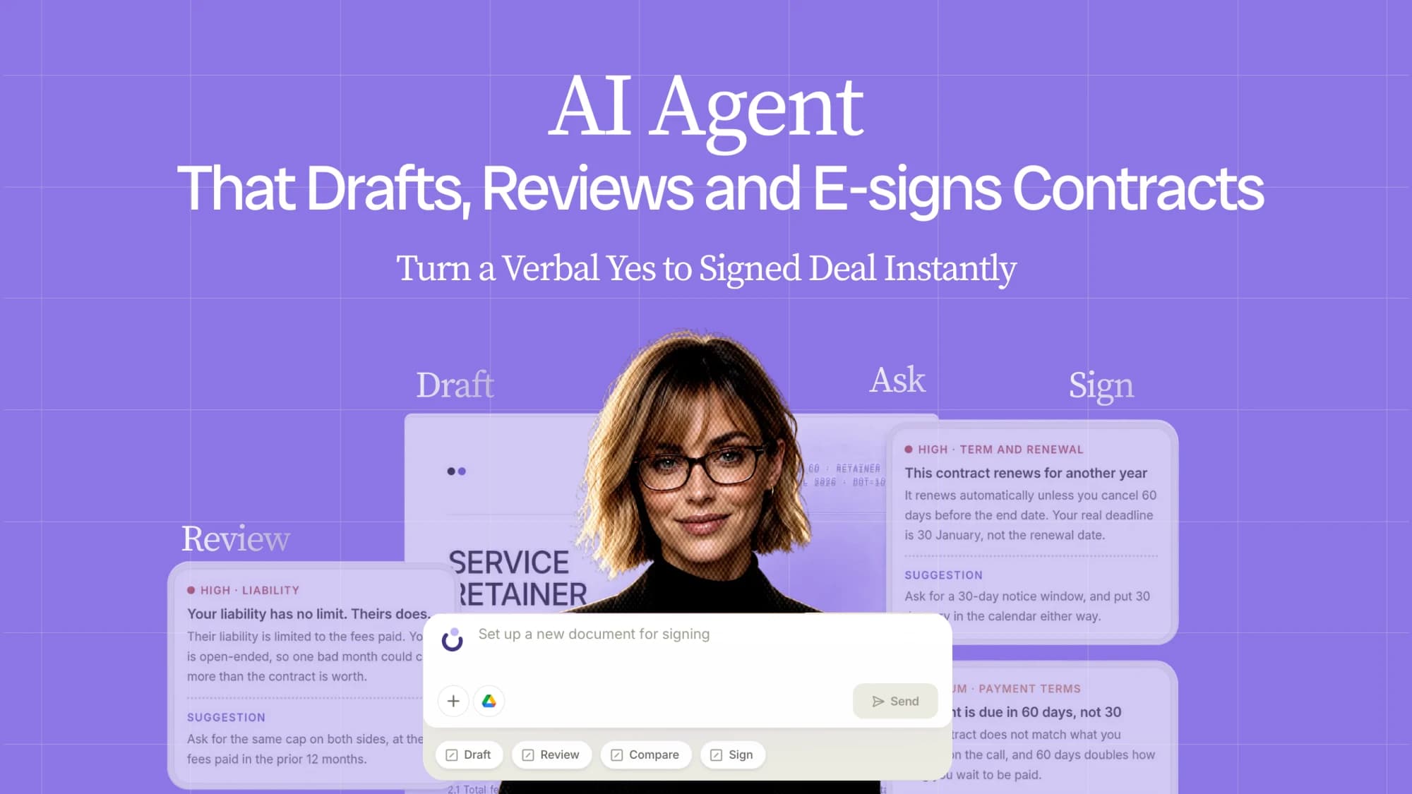 Dottr banner on a violet grid reading “AI Agent That Drafts, Reviews and E-signs Contracts. Turn a Verbal Yes to Signed Deal Instantly.” Dottr's avatar stands behind the composer, flanked by Draft, Review, Ask and Sign cards showing contract risk flags with suggested fixes.