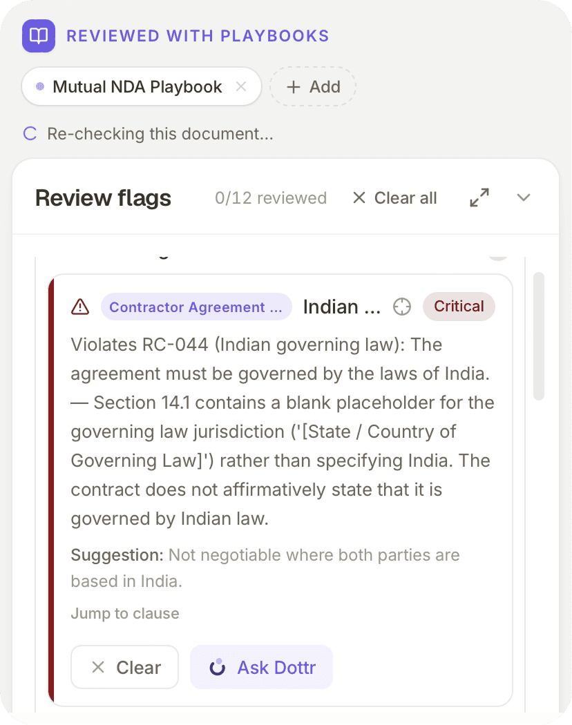 Dottr re-checking a document against the Mutual NDA Playbook, with a critical flag for a rule the user wrote about Indian governing law.