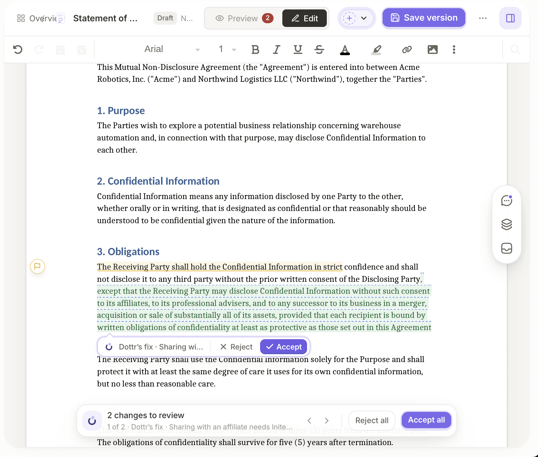 Dottr's change written into the clause as a tracked edit, with accept and reject on it and two changes waiting to be reviewed.
