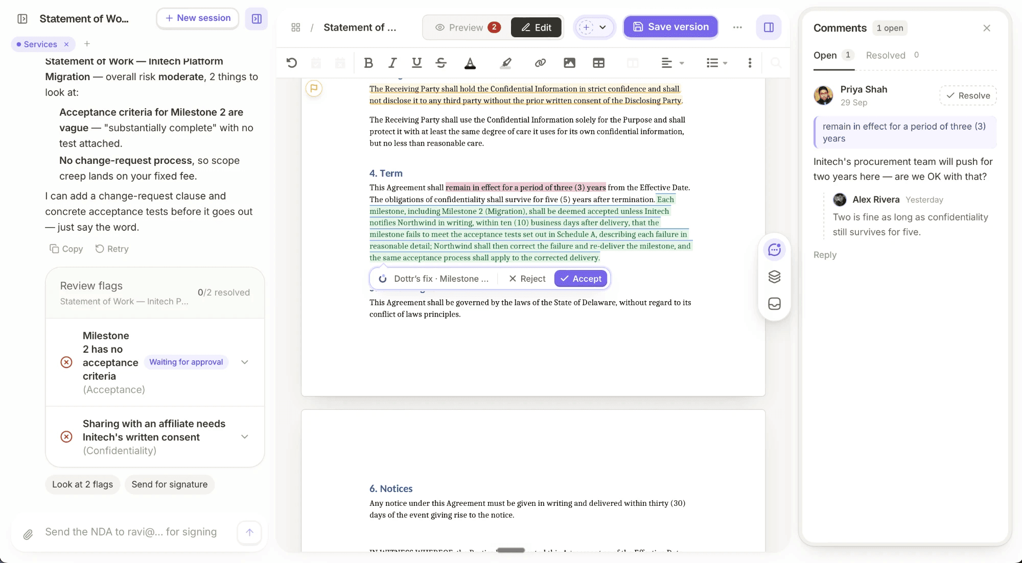 A draft open in Dottr: review flags down the left, the document in the middle with one of Dottr's fixes shown as a tracked change carrying accept and reject, and a teammate's comment thread on the right.