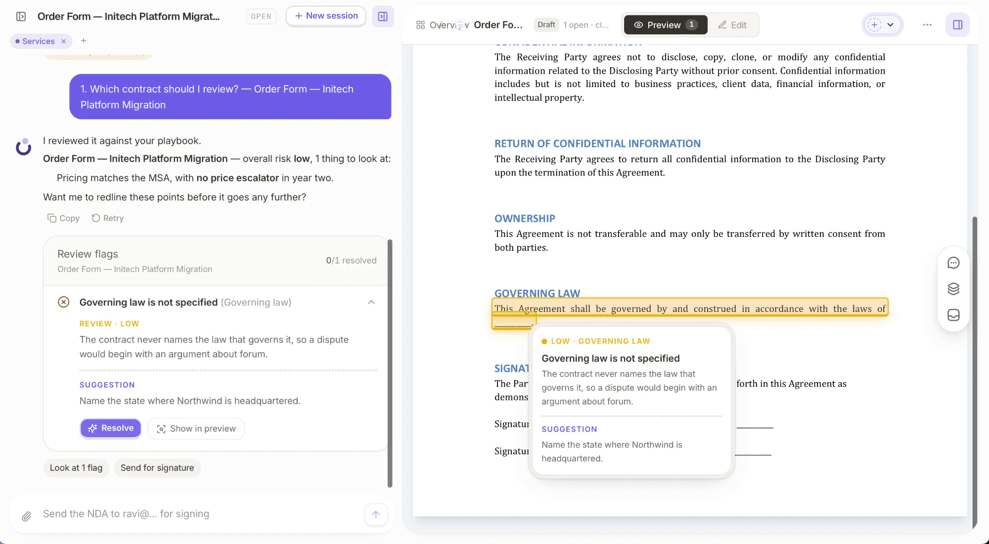 A contract open in Dottr's review mode: the review flags on the left with a resolve button, and the document on the right with the flagged clause highlighted in place.