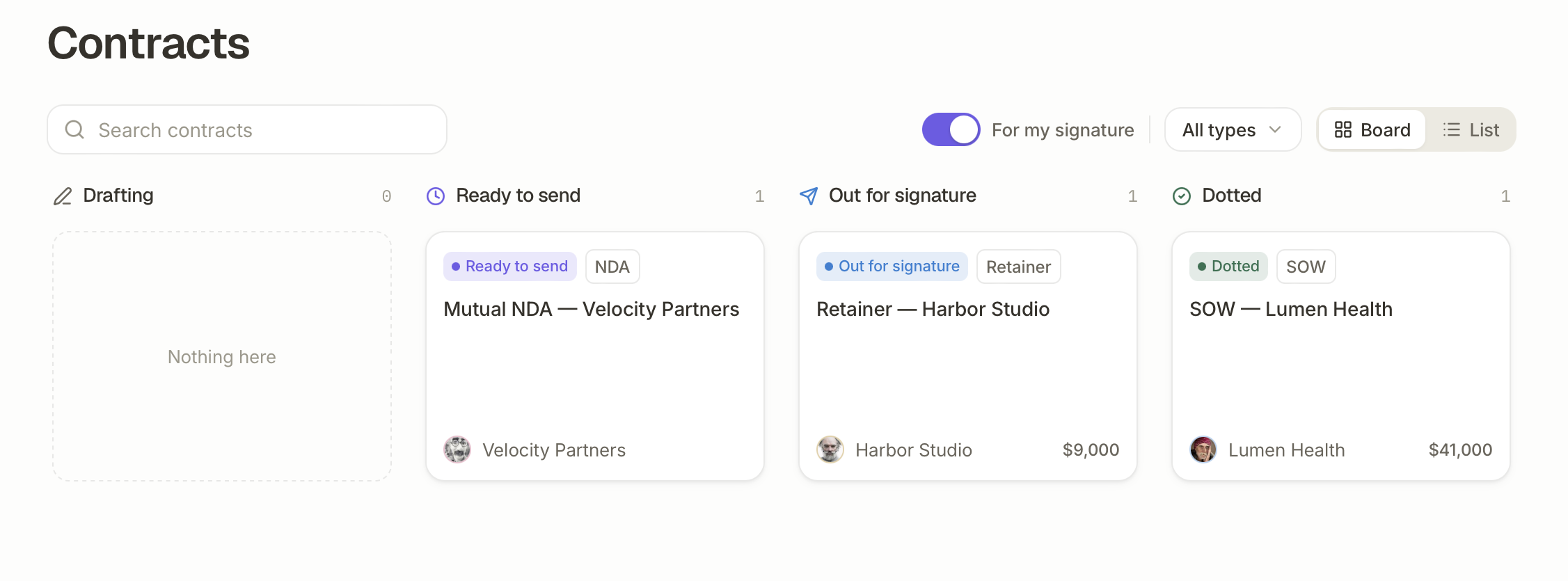 Dottr contracts pipeline board from Ready to send through Dotted