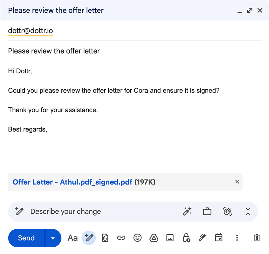Email compose window CC'ing a contract to Dottr